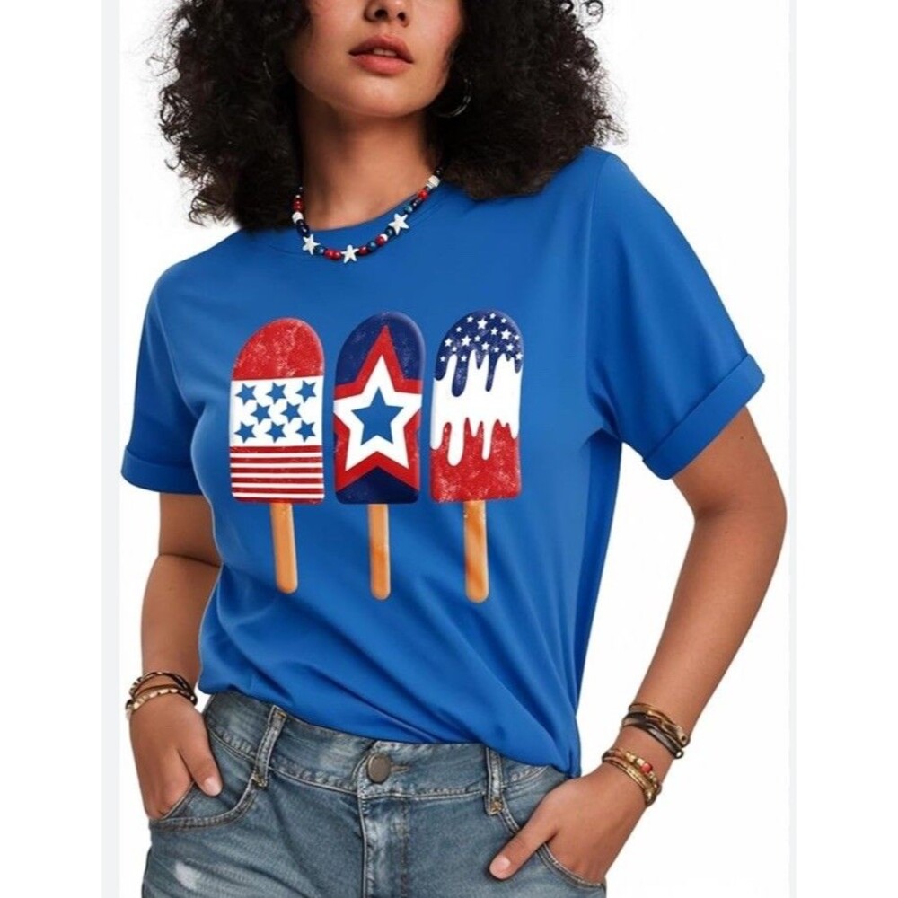 Flafens NWT Patriotic Tee Size L Popsicle Design Cuffed Short Sleeves